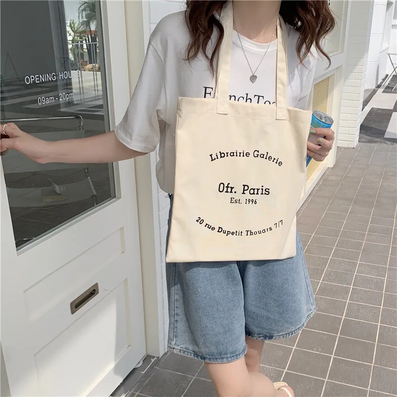 Women Canvas Shoulder Bag Paris Letters Print Shopping Bag Eco Cotton Linen Shopper Bags Cloth Fabric Handbag Tote For Girls