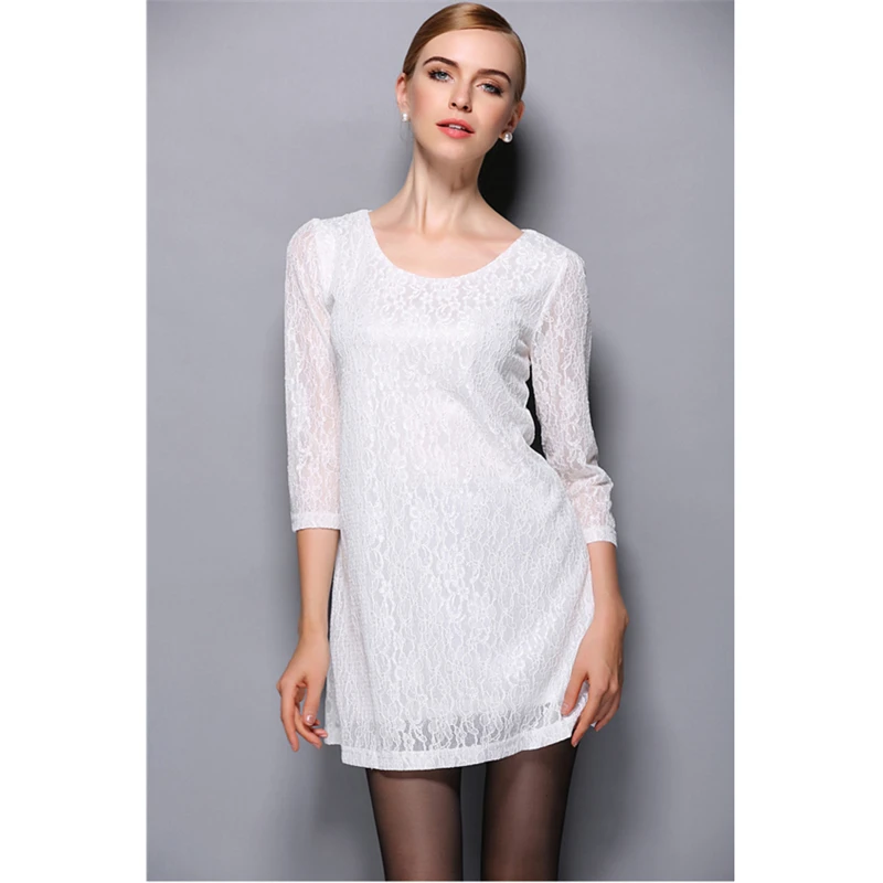 New Elegant Women's Vintage O Neck 3/4 Sleeve Dress Lace Loose Mini Dress Ladies Casual Evening Party Wear Summer