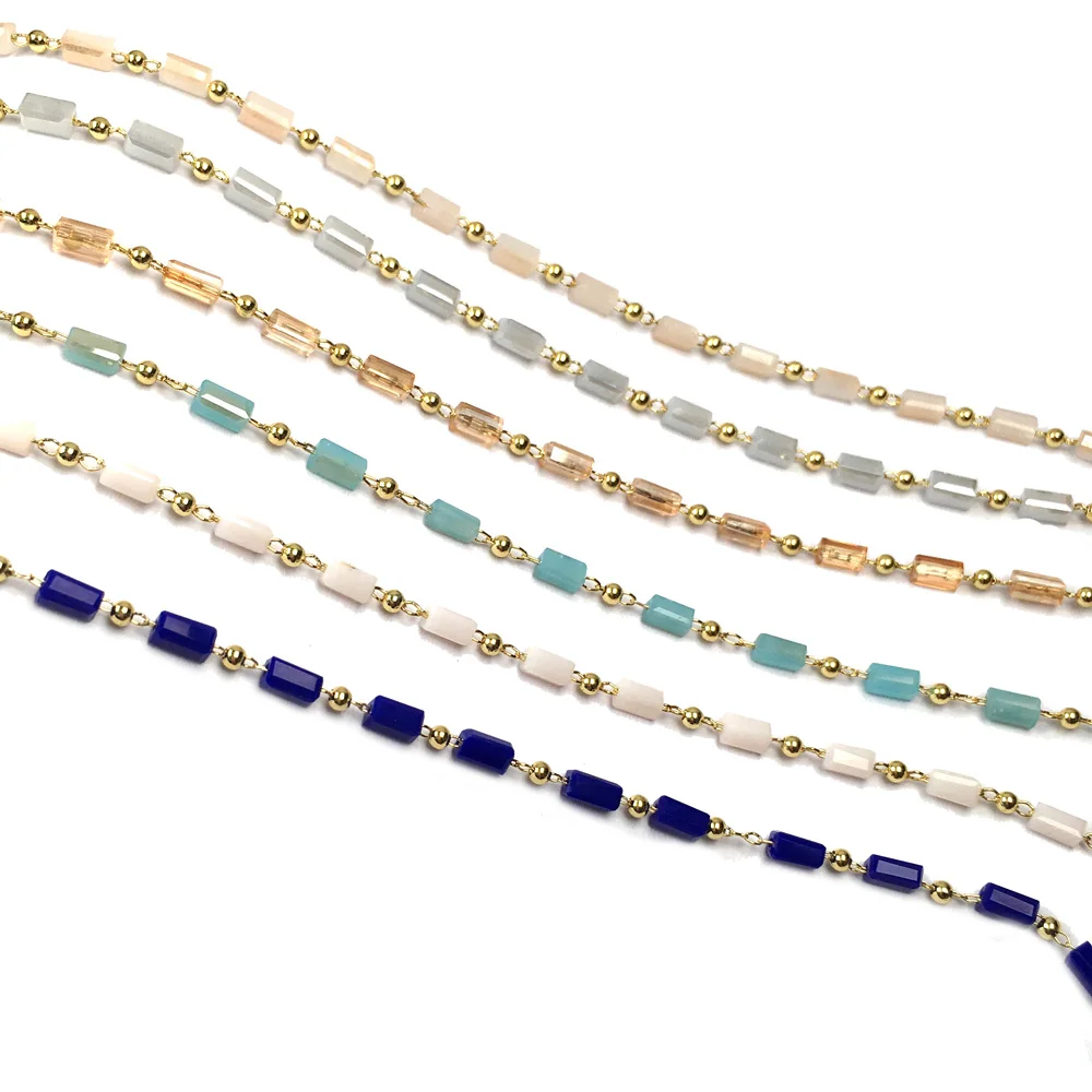 

1Meter Handmade Plated Gold Wire Wrapped Rosary Chains Glass Stone Beads Chain Crafts for Jewelry Making Necklace Bracelet