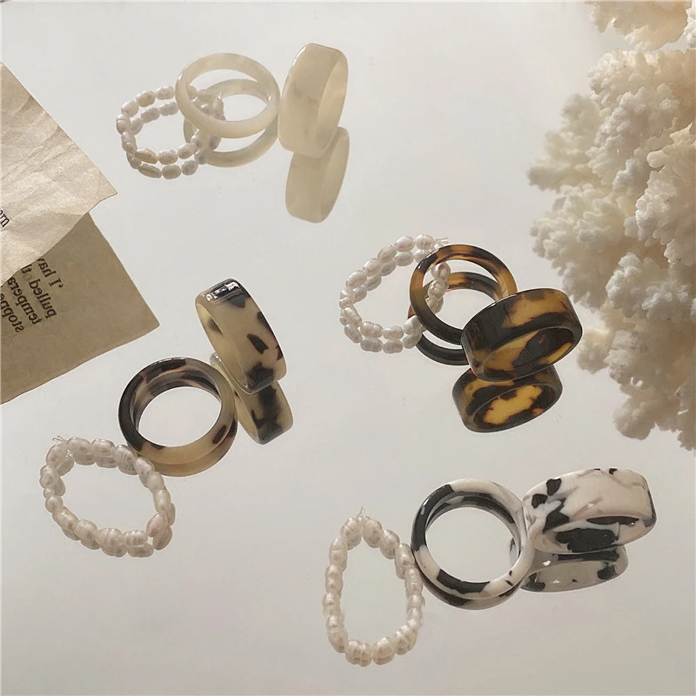 2/3Pcs Leopard Vintage Colorful Acetate Resin Pearl Rings Sweet Temperament Round Finger Rings Women Girls Delicate Jewelry Gift 