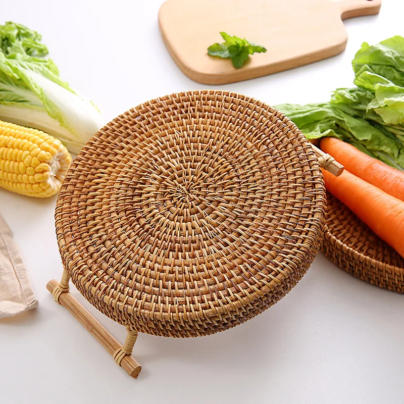 Manual Rattan Tray Round Bread Storage Basket Fruit Snack Teacup Storage Trays Handmade Basket Decorative Tray Storage Organizer