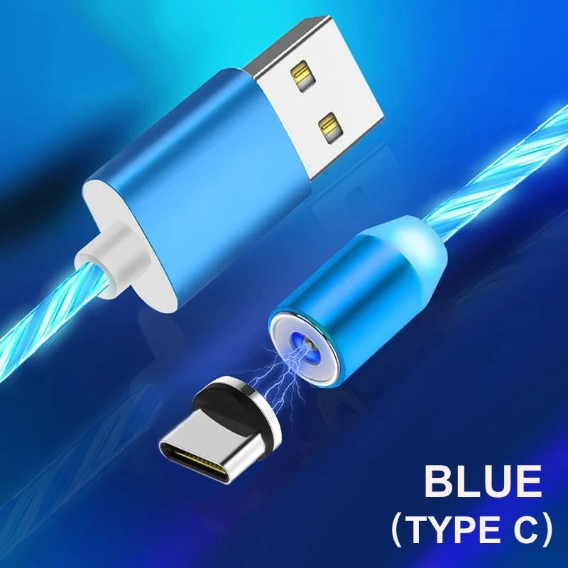 Магнитный светодиодный кабель USB для быстрой зарядки с разъемом type-C, магнитное зарядное устройство для Xiaomi, кабель Micro USB для iPhone, huawei, samsung, кабель - Цвет: For Type-C Blue