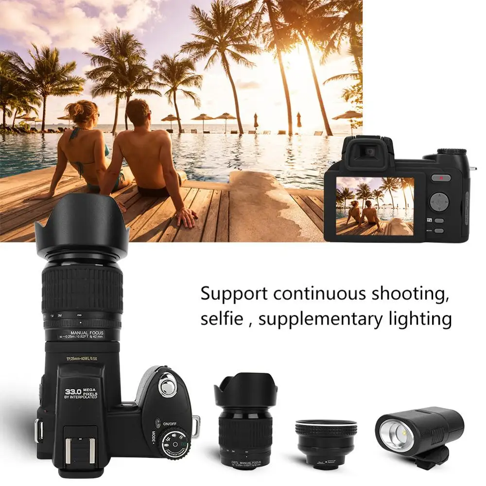 D7200 HD 1080P Цифровая камера 3 в цветной экран 33MP DSLR видеокамера с 0.5X широкоугольный объектив+ 16-24X телеобъектив+ светодиодный светильник