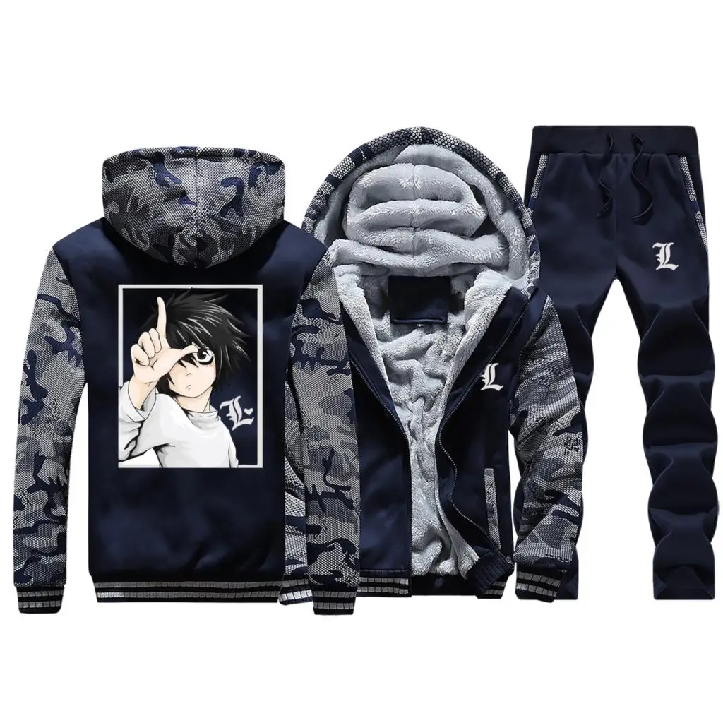 Dark Blue Зимняя новая стильная верхняя одежда теплые куртки с капюшоном и мультяшным принтом мужские камуфляжные пальто+ штаны комплекты из 2 предметов повседневные спортивные штаны - Цвет: Dark Blue