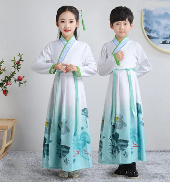 Lotus Традиционный китайский древний костюм, сценический костюм Hanfu для мальчиков и девочек, костюм Танга для детей, платье для выступлений, вечерние костюмы династии Цин - Цвет: Lotus