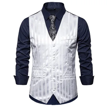 

Men's vest men's striped single-breasted Slim gentleman suit vest fashion quality wedding groom groomsmen dress vest