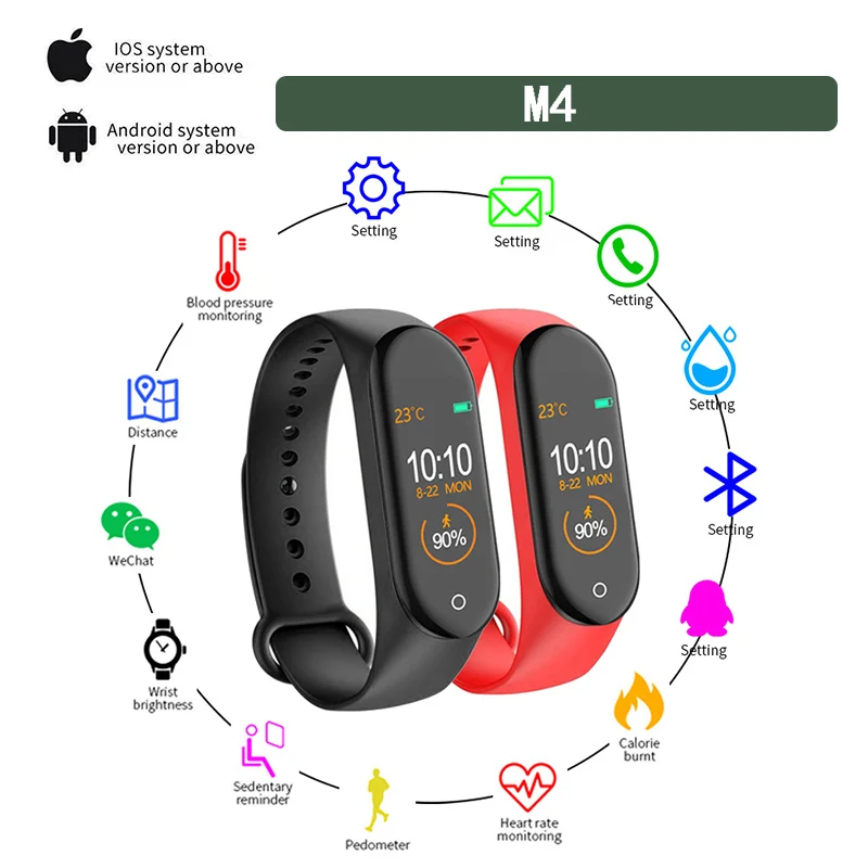 2021 M4 Sports Smart Band Women's Digital Clock Heart Rate Blood Pressure Monitoring Watch Men's Fitness Tracker Wristband | Наручные