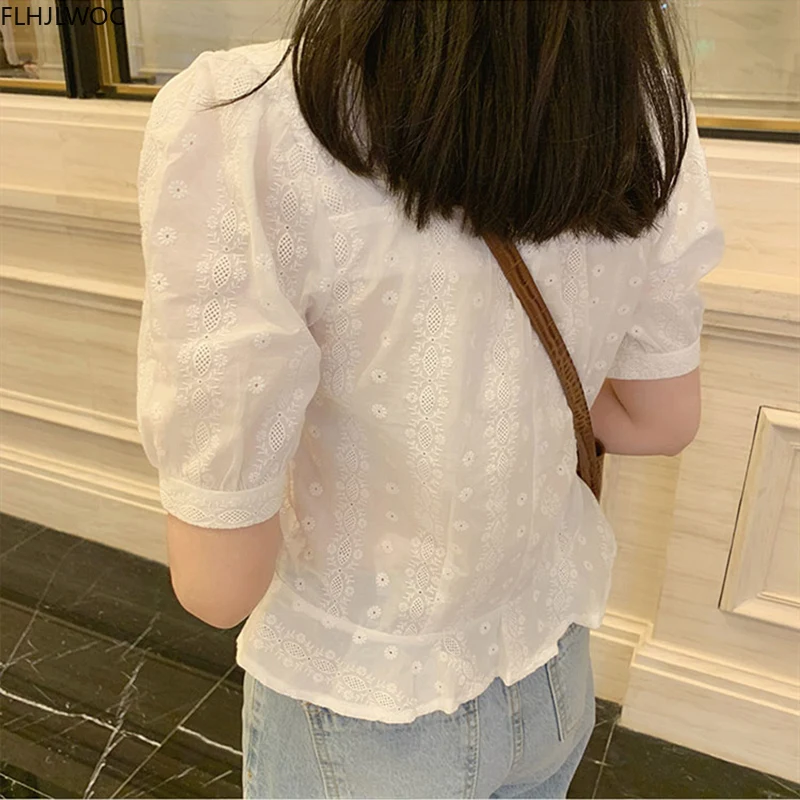 Cute Sweet Short Peplum Tops Summer Korean Preppy Style Girls White Lace Cotton Ruffled Short Sleeve Button Shirt Blouse 5