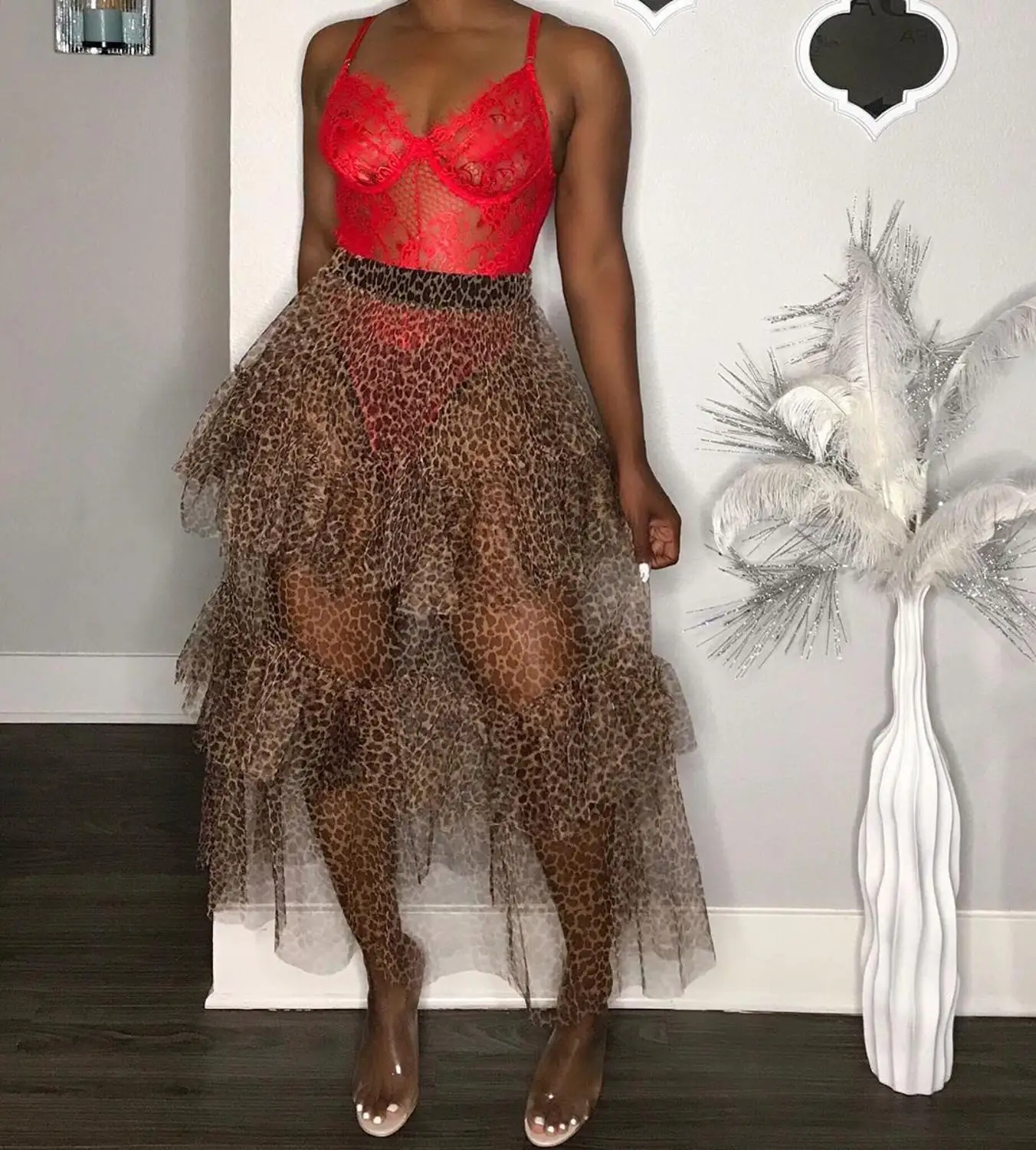 

OMSJ Women's Sexy England Style See through Leopard Print Tutu Skirt Ladies High Waisted Mesh Ruffle Maxi Skirt 2019 New Arrival