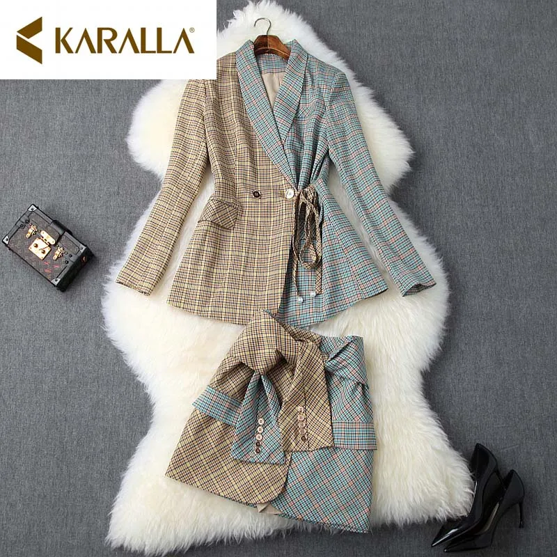 Picture Hot Sale Fall Office Lady Turn-Down Collar Patchwork Plaid Suit Full Sleeve Top High Waist Mini Skirt Woman 2 Piece Set - Цвет: Picture