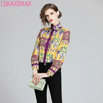 

New Arrival Spring Autumn Women Long Sleeve Shirt High Quality Gorgeous Retro Pattern Print Yellow Shirt Women Tops