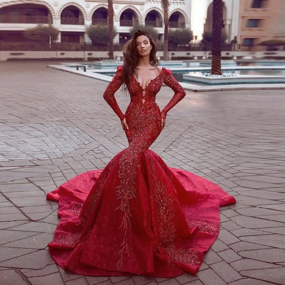 Великолепные вечерние платья русалки с длинными рукавами vestido longo abiye robe de soiree вечерние платья с бисером и аппликацией