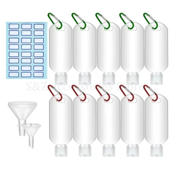 

50ml Travel Clear Plastic Empty Bottles with Funnels Carabiner Buckle Labels Hand Sanitizer Shampoo Refillable Container