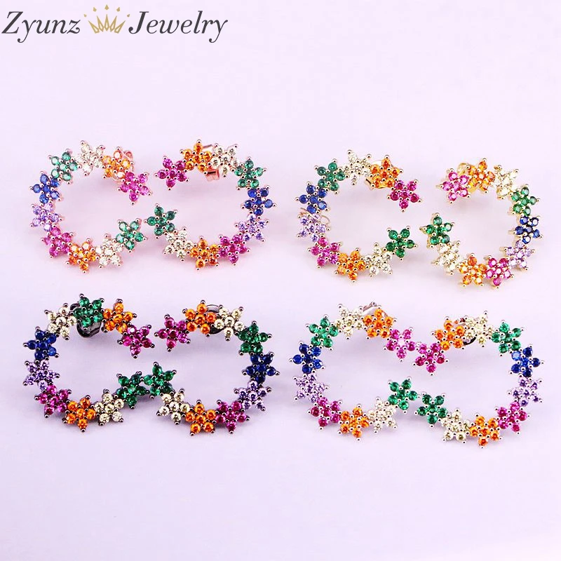 5Pairs, Rainbow CZ Zirconia Micro Pave Daisy Flowers Circle Stud Earring Sparking bling CZ Cubic Zirconia Studs
