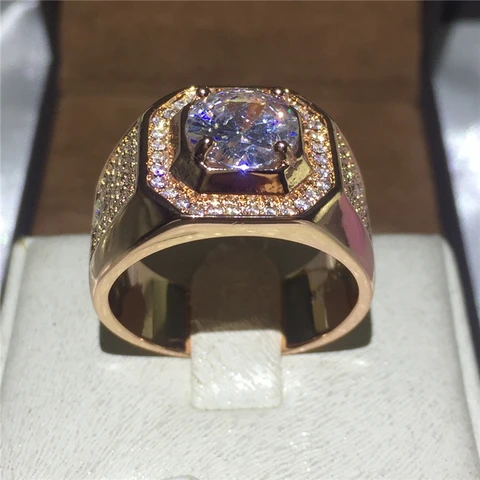Rose Gold ring Round cut 3ct Stone 5A Zircon Cz 925 Sterling Silver Engagement Wedding Band Ring for men