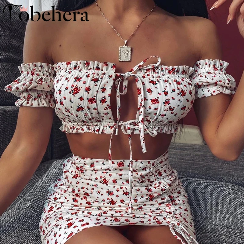 

Glamaker Two piece set lace up party dress Women holiday summer floral beach dress Sexy hollow out pleated bodycon short dress