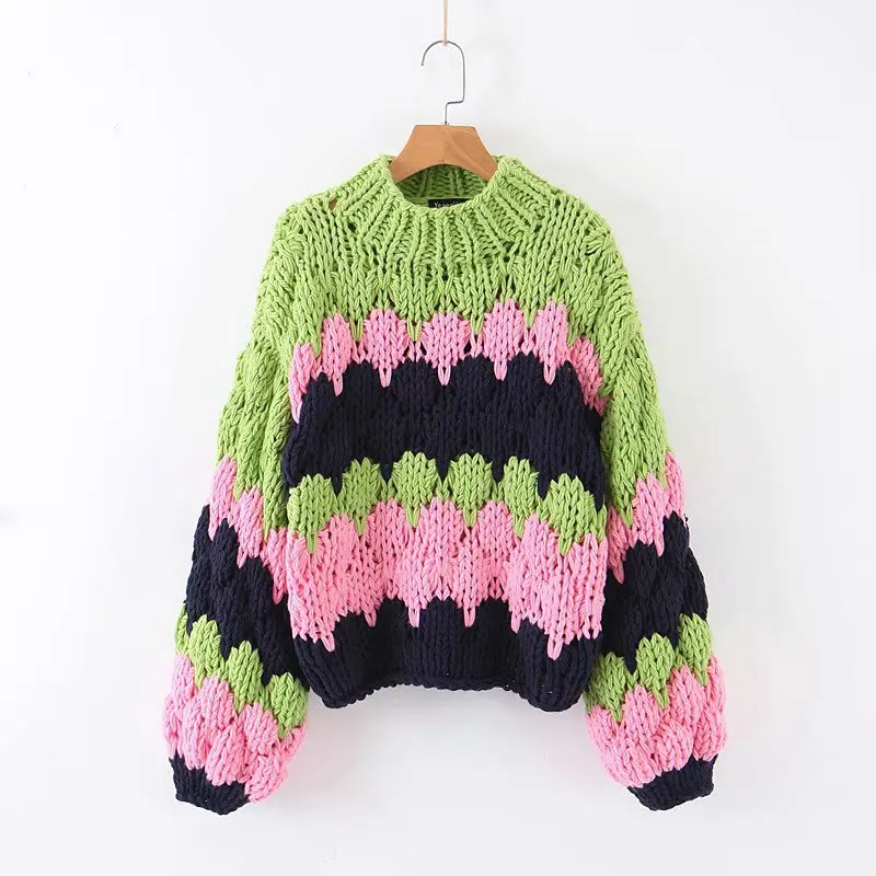 Winter Women Vintage Sweater Pullover Street Fashion Girls Rainbow Striped Coarse Knitted Jumper Ladies Chunky Knitwear