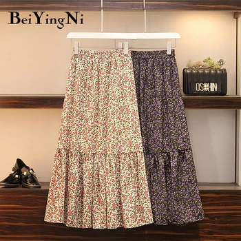 

Beiyingni 2020 Spring Summer Vintage Skirt Women Floral Printed Korean Chiffon Slim Pleated Midi Skirts Retro Womens Large Size