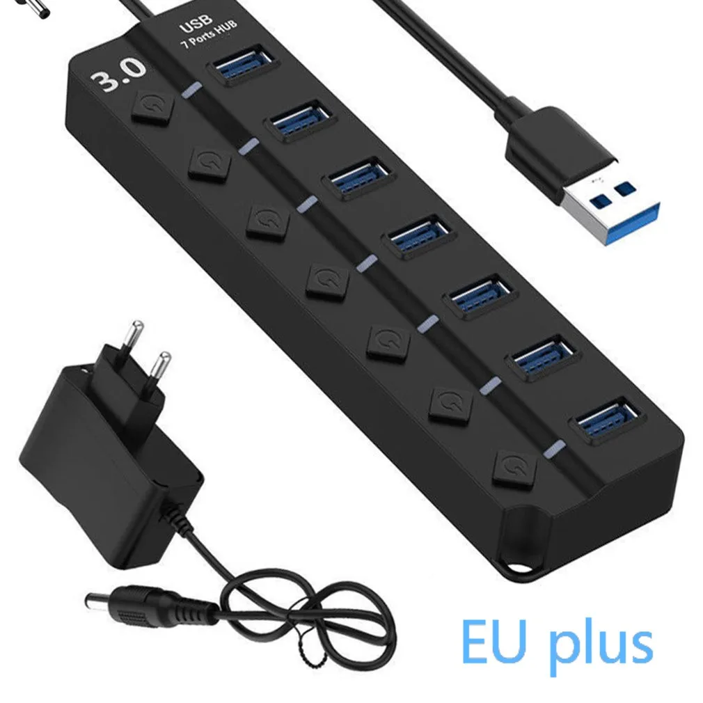 7 портов usb-хаб USB3.0 концентратор разветвитель вкл/выкл переключатель светодиодный индикатор с ЕС/США адаптер питания для ноутбука MacBook - Цвет: 7 Ports EU Plug