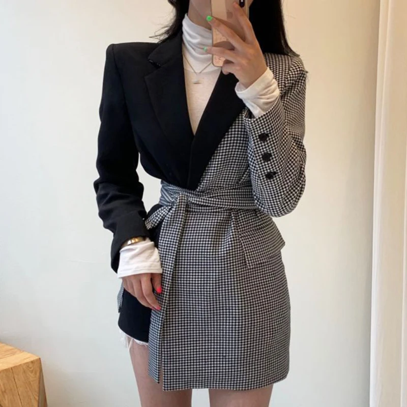 

Autumn Winter New Vintage Full Sleeve Plaid Stitching Irregular Straps Women Blazer Korea Style Loose Trend Coat