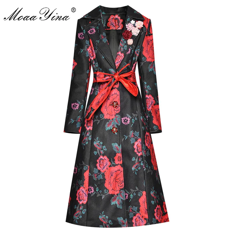 

MoaaYina Fashion Designer Long Windbreaker Long sleeve Single-breasted Applique Floral-Print Runway Windbreaker Coat