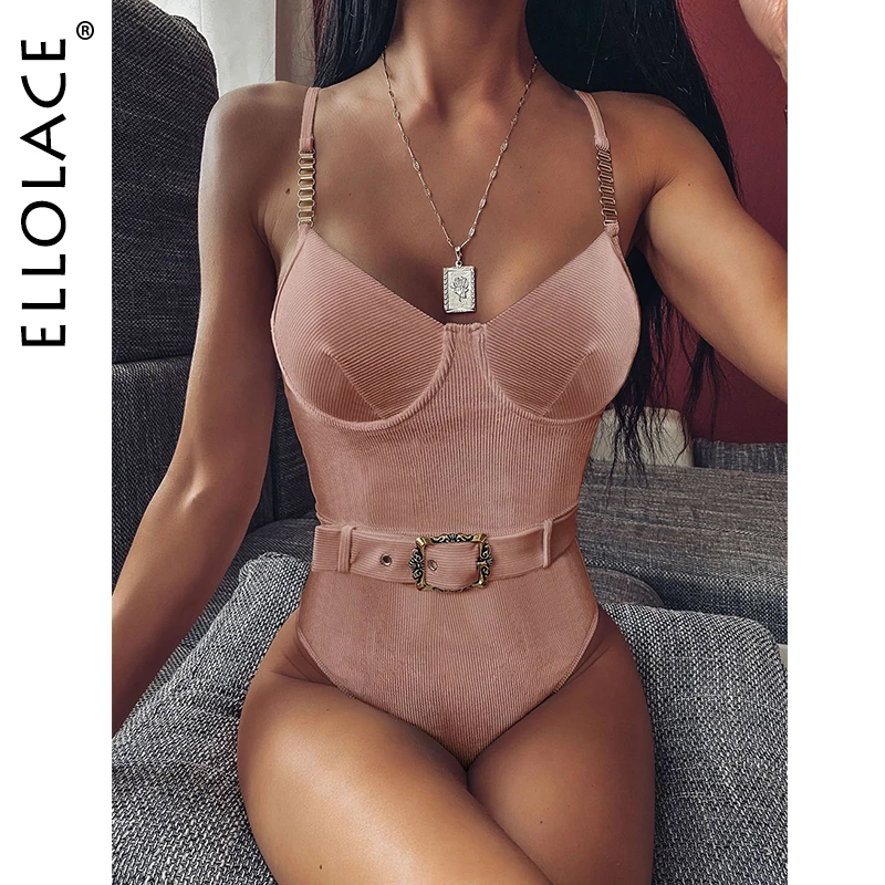 One-Piece Swimsuit Women Bikini Ellolace Ribbed Biquini 6-Color
