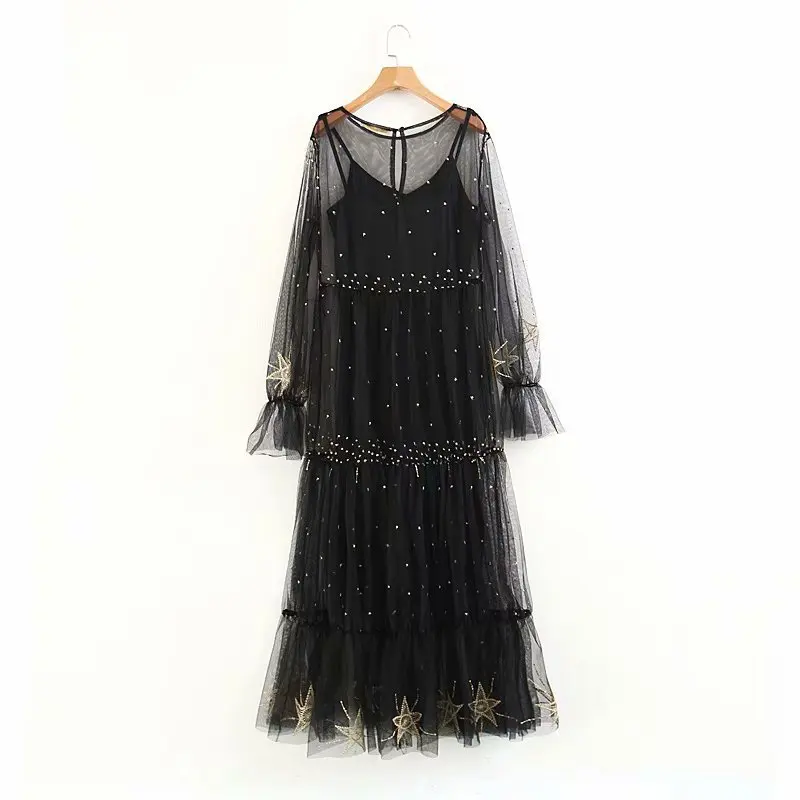 

WOMEN'S Dress Spring Clothing New Style Fashion Set Fashion Black Mesh Strapped Dress Dress Outfit Women's Two-Piece Set