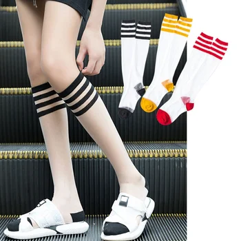 

Sexy Knee Socks For Women Girls Striped Glass Silk Leg Warm Thigh High Stocking Female Transparent Long Socks Nylon Stocking