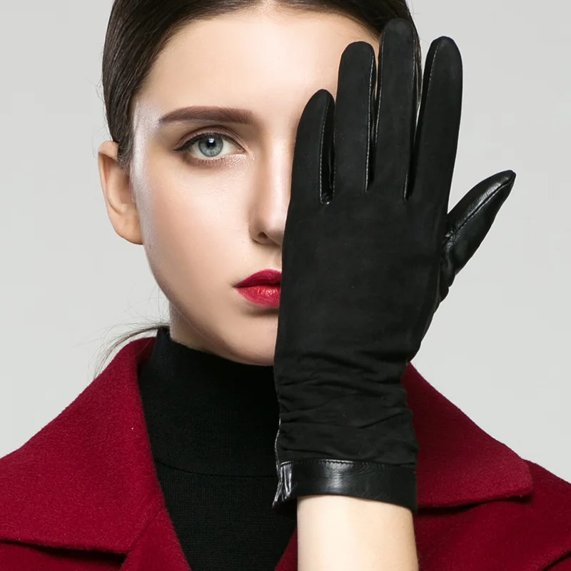 Перчатки из натуральной кожи женские зимние плюс бархатные утепленные замшевые кожаные теплые тонкие модные простые женские перчатки из козьей кожи K902