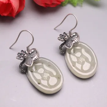 

New Arrival S925 Sterling Silver Earrings Women Luck Nephrite Lotus Flower Dangle Earrings 34x15mm