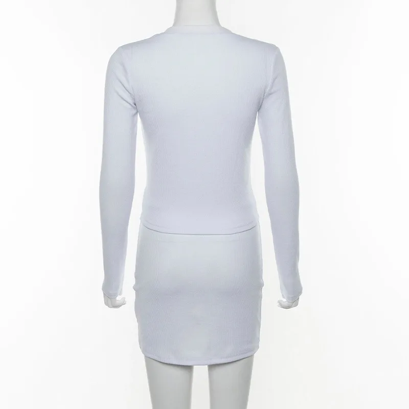Женский белый комплект из 2 предметов, Осенний Модный комплект с длинными рукавами, светоотражающие полосатые топы в стиле пэчворк, юбочный наряд, комплект одежды, клубная одежда