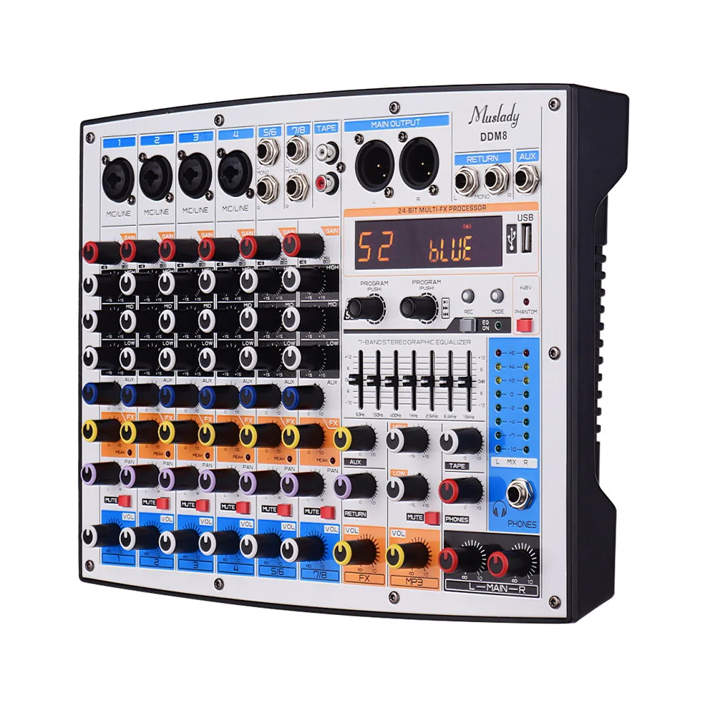 Muslady DDM8 компактный 8 Каналы микшер с 99 dsp-эффекты 7-полосным эквалайзером встроенный 48V Phantom с источником питания BT