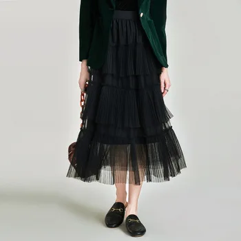 

HAVVA 2020 Spring and Summer New Terylene Net Yarn Plait Organ Pleated Skirt Q45370