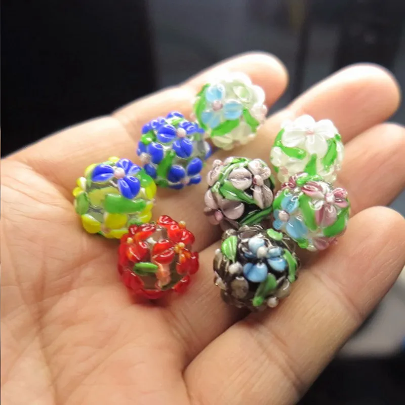 3pcs Round 16mm Charms Flower Petals Handmade Lampwork Glass Loose