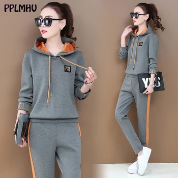 

Casual loose cotton two-piece sport suit women 2020 spring autumn new long sleeve hooded tops and pants fashion letter trackwear
