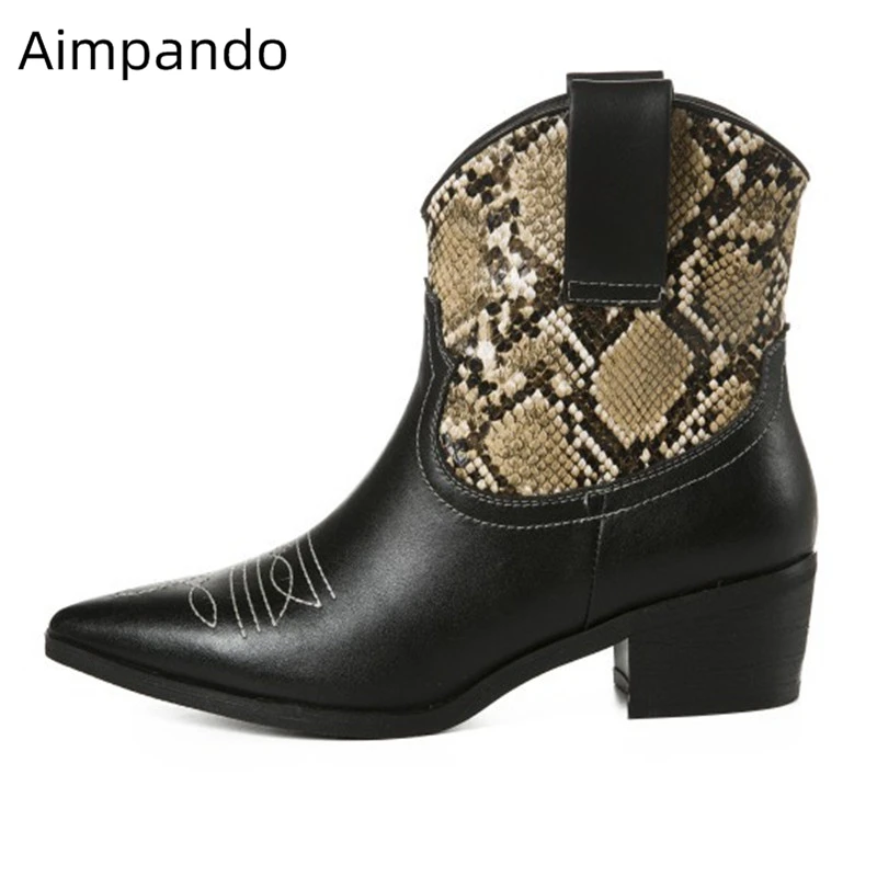 

Sexy Serpentine Martin Boots Women New Autumn Winter Pointy Toe Square Heel Sewing Minxed Color Retro Style Ankle Boots Woman