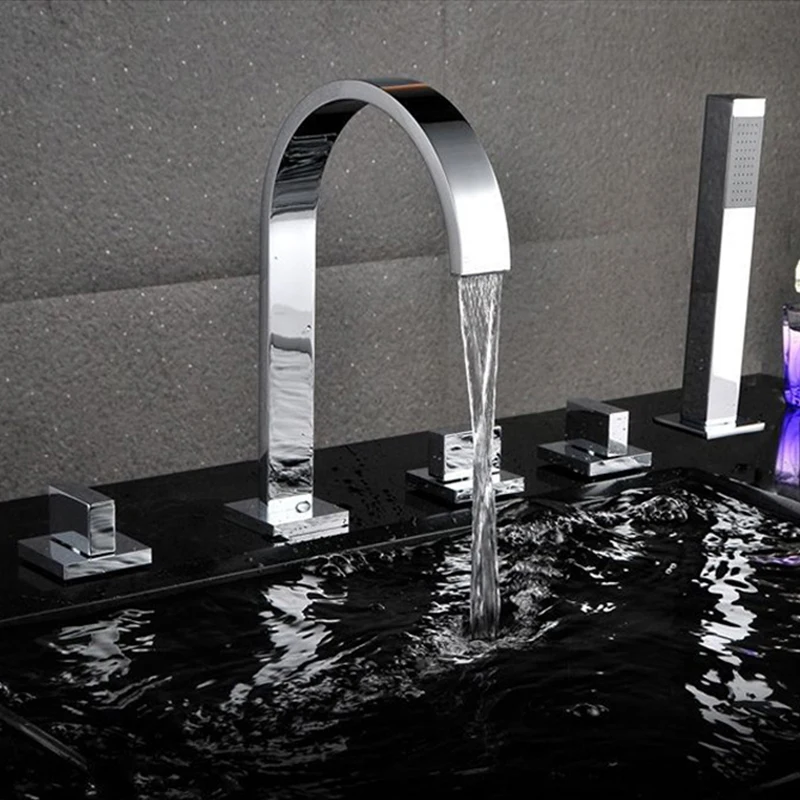 Bathtub Faucets 5 Pieces Mixer for Bath Tub Square 5 Hole Hot and Colder Water Crane with Hand Shower Chrome Finished EL7911
