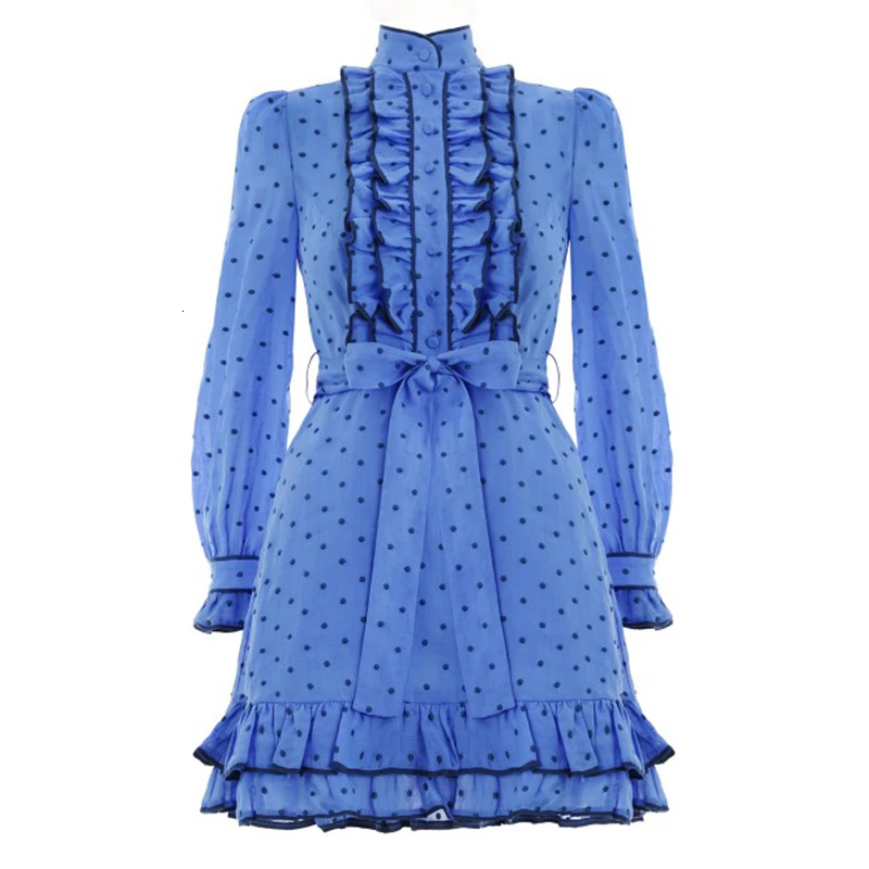 Blue TWOTWINSTYLE платье в горошек с рюшами и бантом для женщин, платье с длинным рукавом и стоячим воротником, платья с высокой талией на шнуровке, женские осенние новые - Цвет: Blue