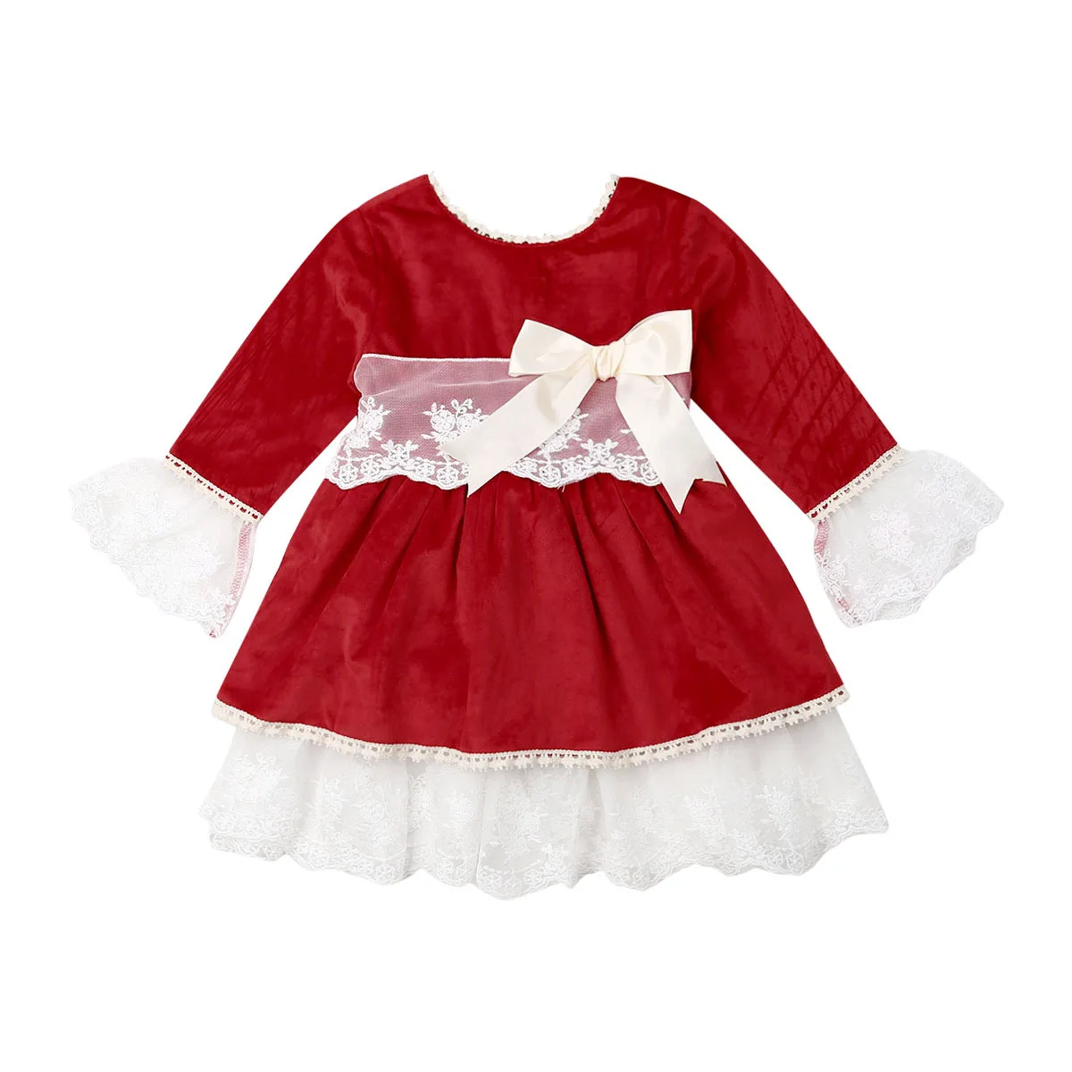 Брендовое рождественское платье для девочек детское платье-пачка для маленьких девочек с цветочным кружевом и расклешенными рукавами, платье с бантом, вечерние бархатные торжественные платья - Цвет: Красный