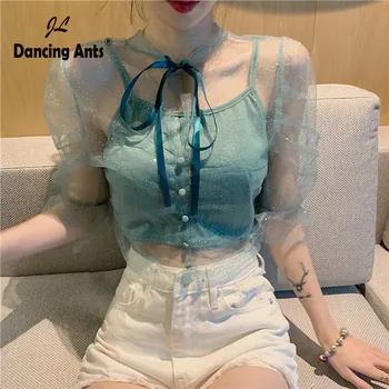 

Woman Shirts Half Sleeve Bow Collar Sexy Hollow Out Crop Top For Party Korean Style Solid Button Female Short Shirt 2020 Summer