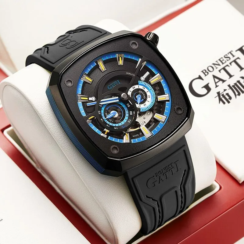 Gatti черные резиновые автоматические механические часы мужские японские