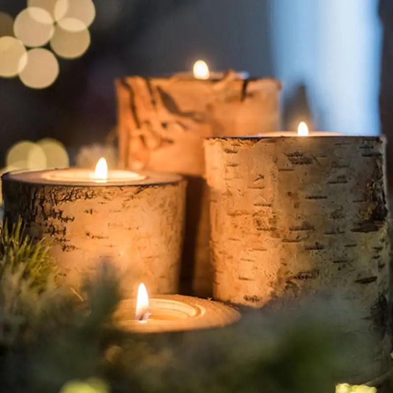Christmas Candlestick Set Of 3 Real Birch Log Tea Light