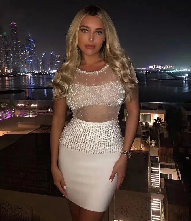 Новое облегающее сексуальное летнее платье Vestidos Роскошные жемчужные платья с украшениями из бисера женское платье с коротким рукавом для ночного клуба вечернее Бандажное платье