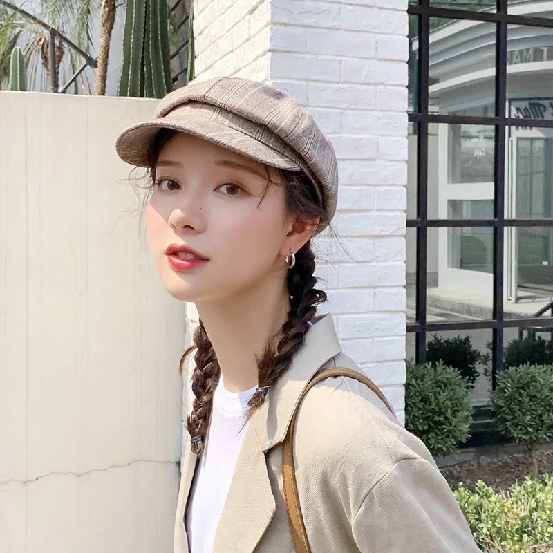

Winter Octagonal cap Hat Women Men Berets Hats for Girls Cotton Warm Vintage Plaid Winter Caps Women Hat Military Cap Flat Caps