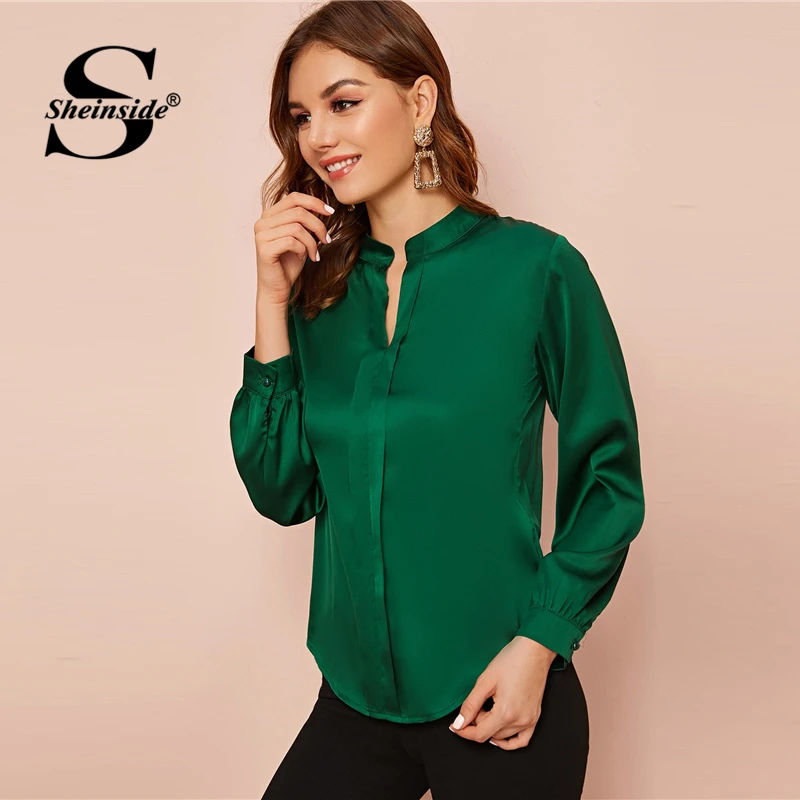 Sheinside, элегантная Зеленая атласная блузка, для женщин, весна, v-образный вырез, минималистичный стиль, блузки для офиса, для девушек, однотонный, с закругленным подолом, Топ