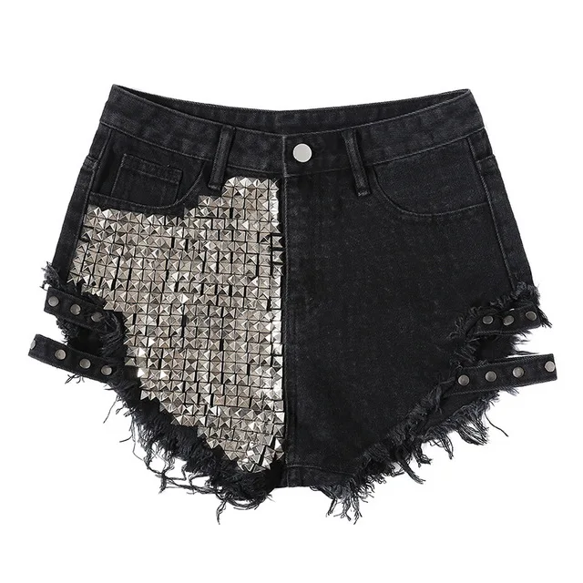 Personality Loose Short Jeans Women High Waist Ripped Hole Rivet Jean Shorts Black White Blue Denim Pants Fashion Streetwear