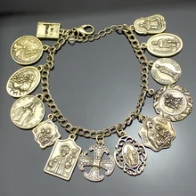 Jewelry Vintage Gold Silver Catholic Religious Church Medals Saints PRAY FOR US Cross Chain Bracelet Bangle New Multi-accessory