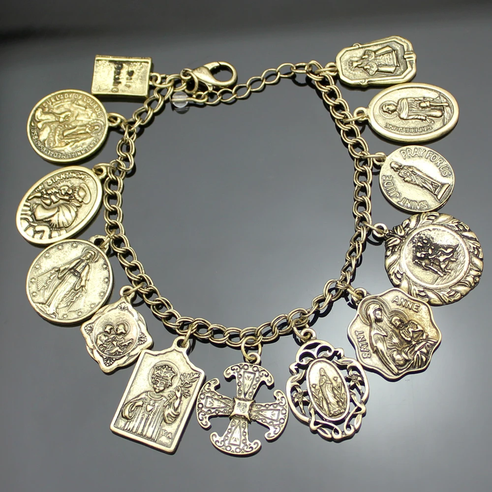 

Jewelry Vintage Gold Silver Catholic Religious Church Medals Saints PRAY FOR US Cross Chain Bracelet Bangle New Multi-accessory