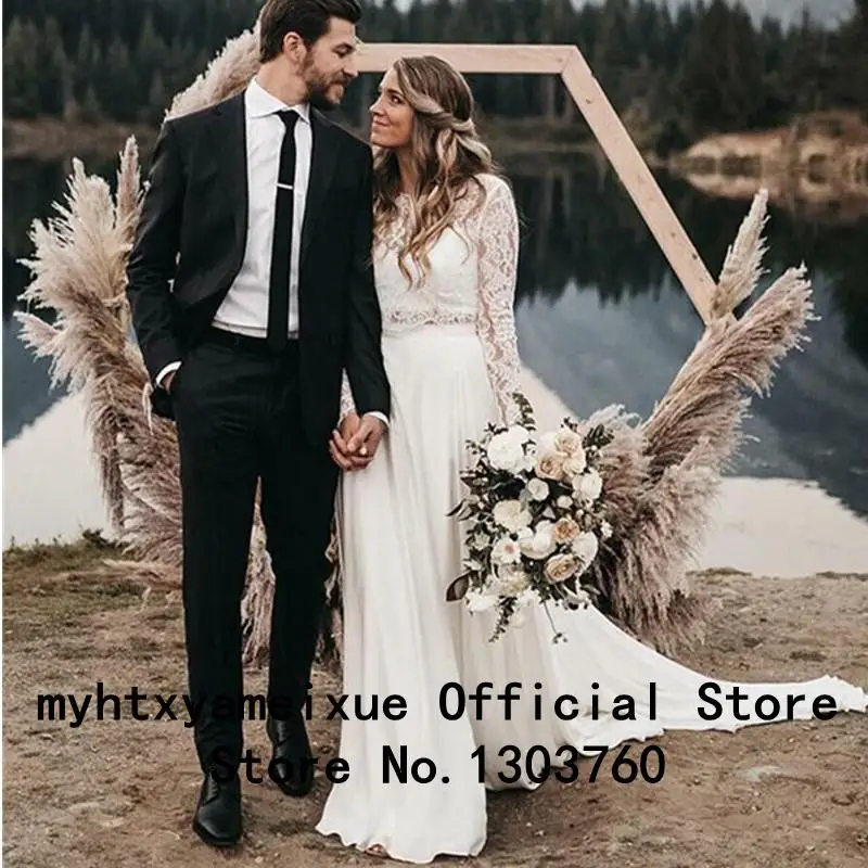 Sexy Two Pieces Wedding Dress 2021 Boho Bridal Gown Long Sleeves A Line White Ivory Lace Chiffon Princess Beach Vestido De Novia second hand wedding dresses