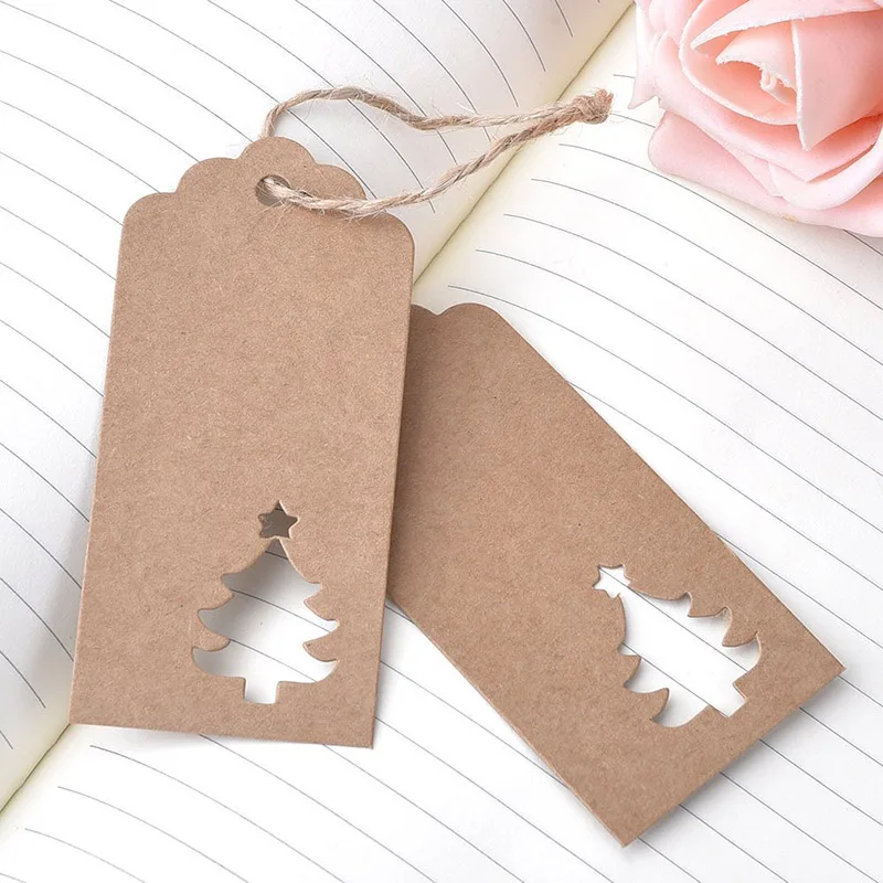 100pcs Christmas Tree Kraft Paper Tags Handmade DIY Crafts Hang Tag Gift Wrapping Supplies Labels For Christmas Favors Navidad